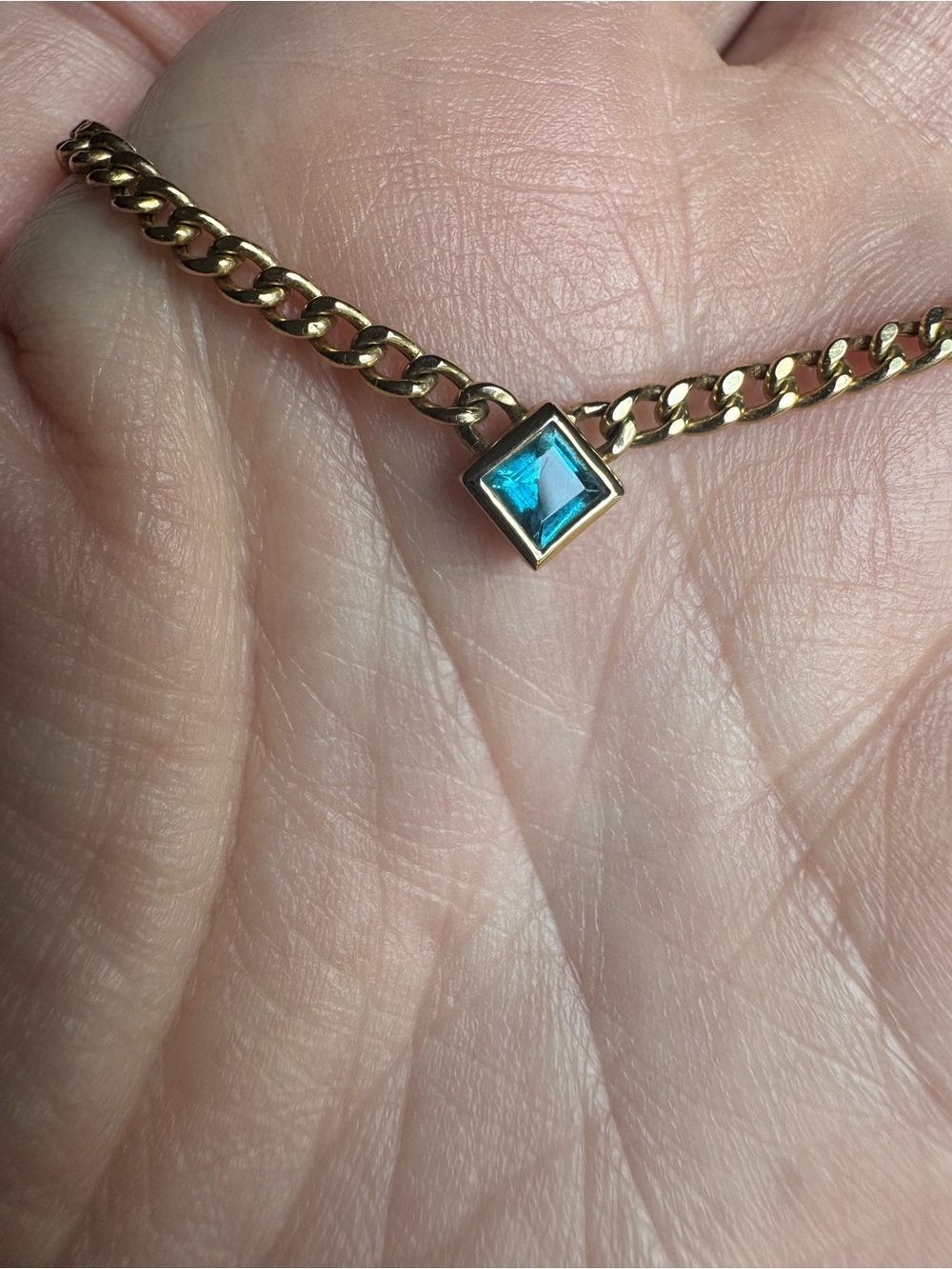 14k Gold Curb Chain with Blue Topaz Bezel